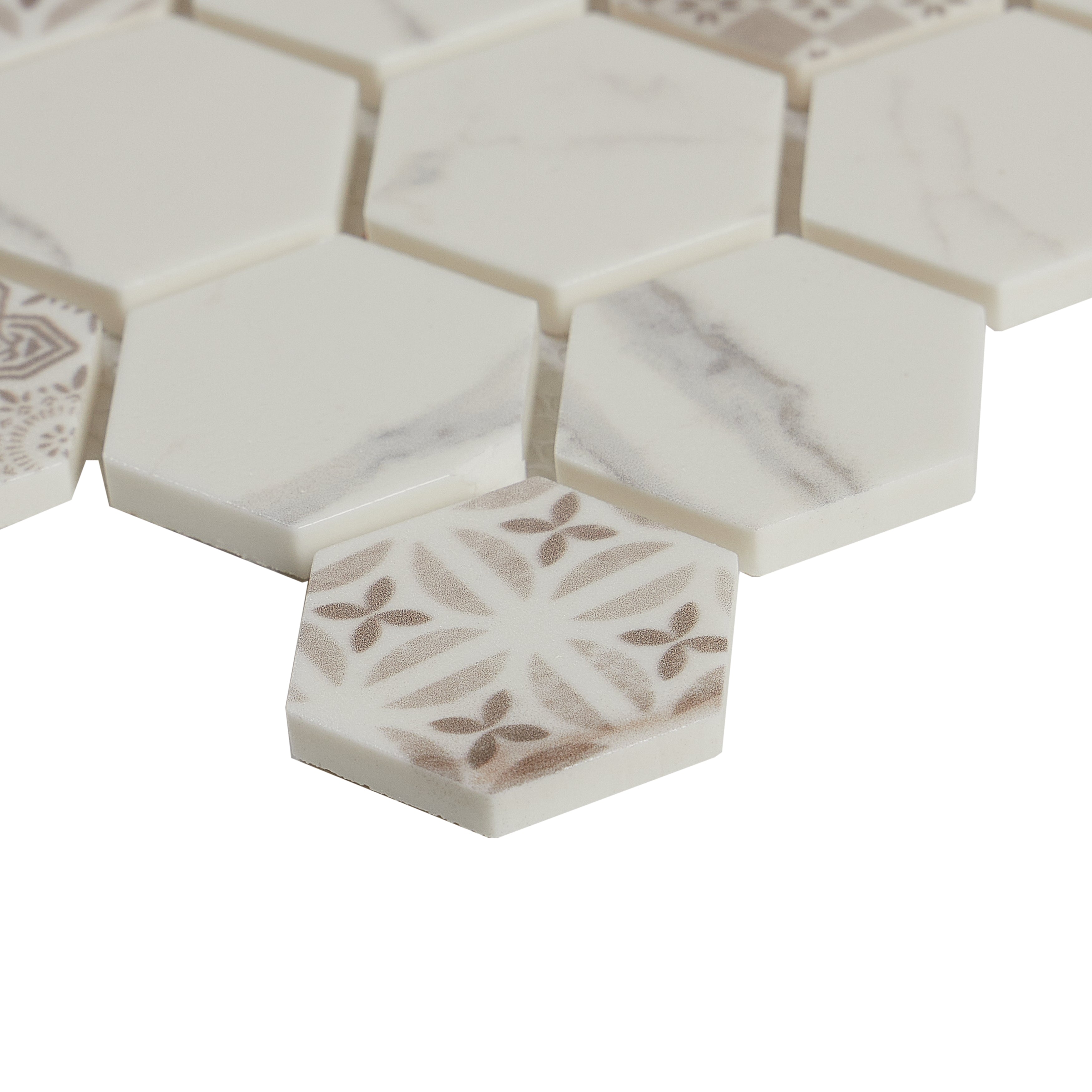 Fuse Carrara 1.5" Hexagon Inkjet Glass Mosaic