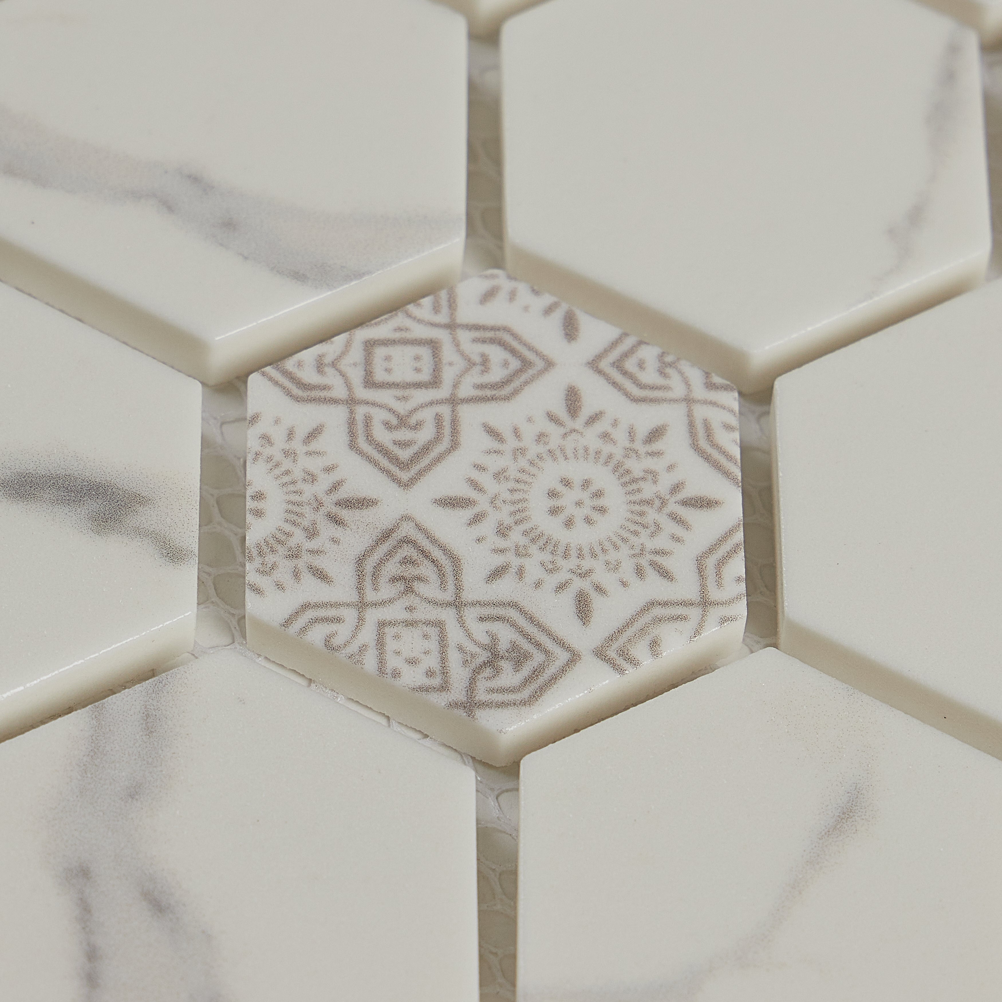 Fuse Carrara 1.5" Hexagon Inkjet Glass Mosaic