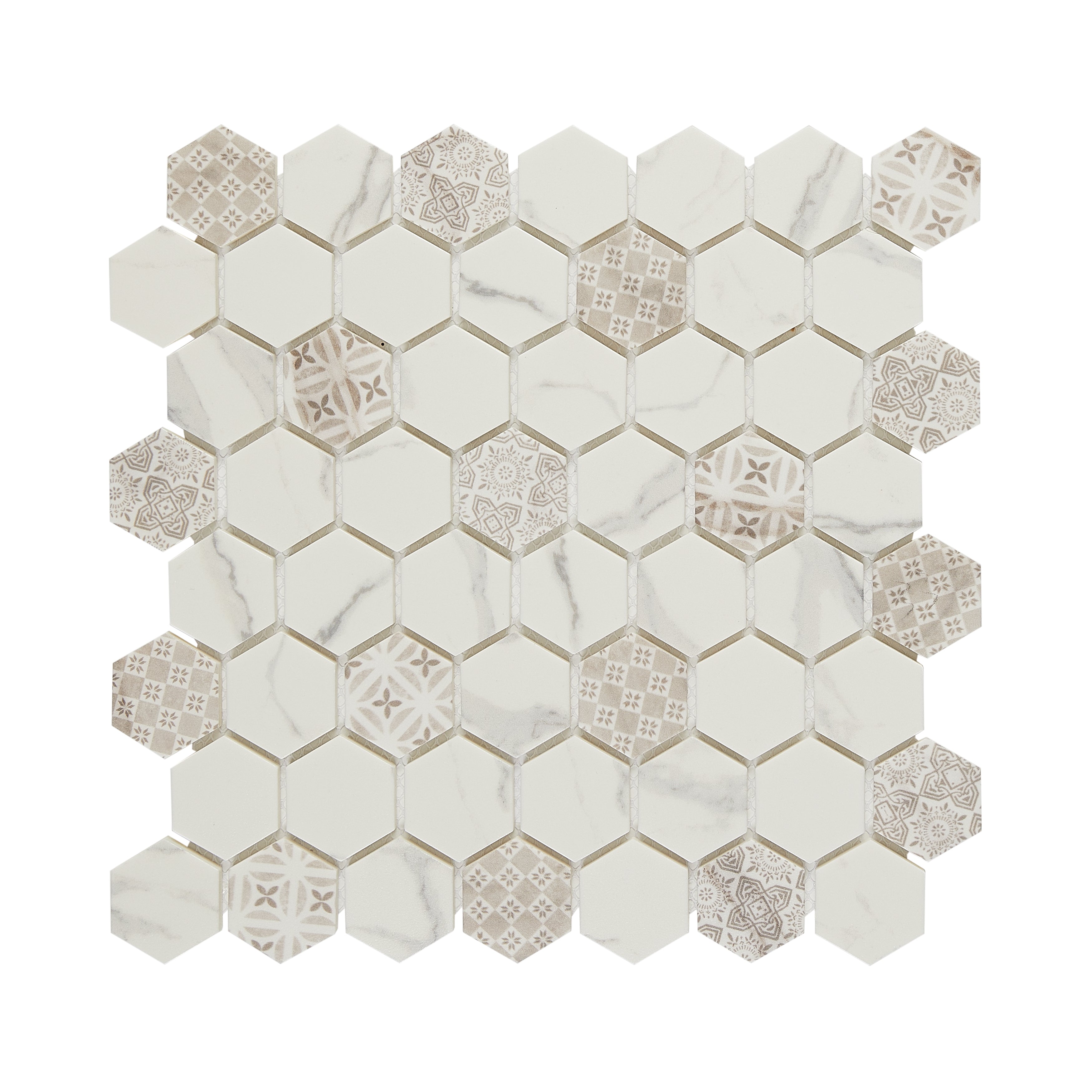 Fuse Carrara 1.5" Hexagon Inkjet Glass Mosaic