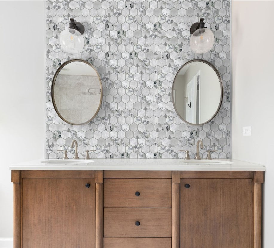 Florals Aster 3" Hexagon Inkjet Glass Mosaic