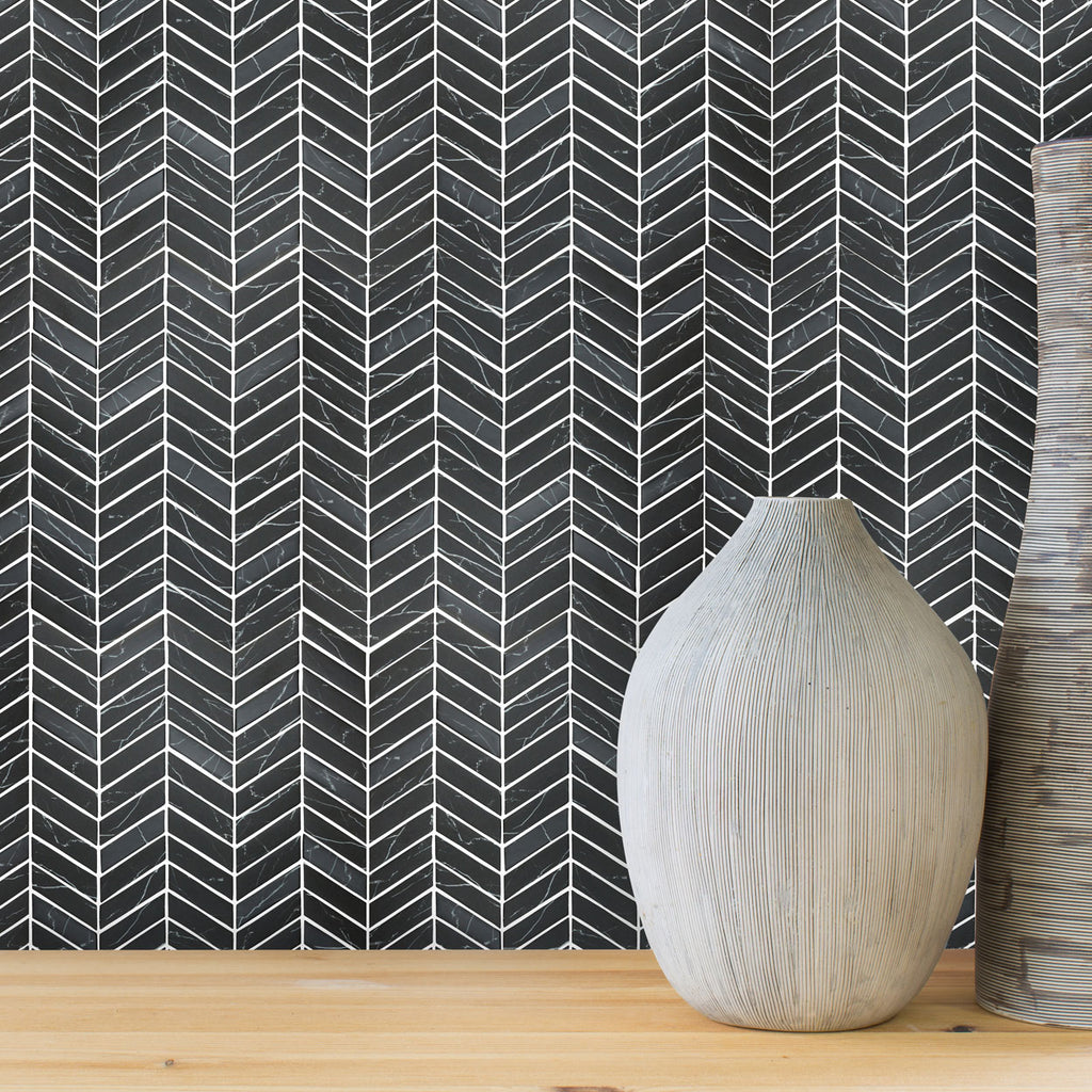 Monument Fossil Black Chevron Inkjet Glass Mosaic