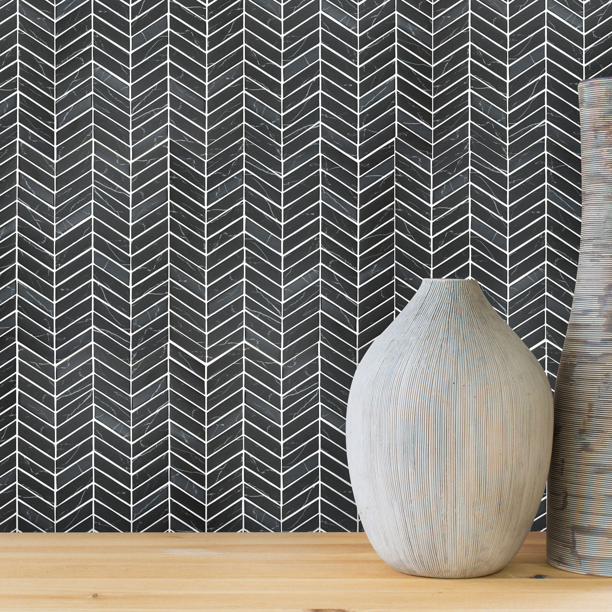 Monument Fossil Black Chevron Inkjet Glass Mosaic