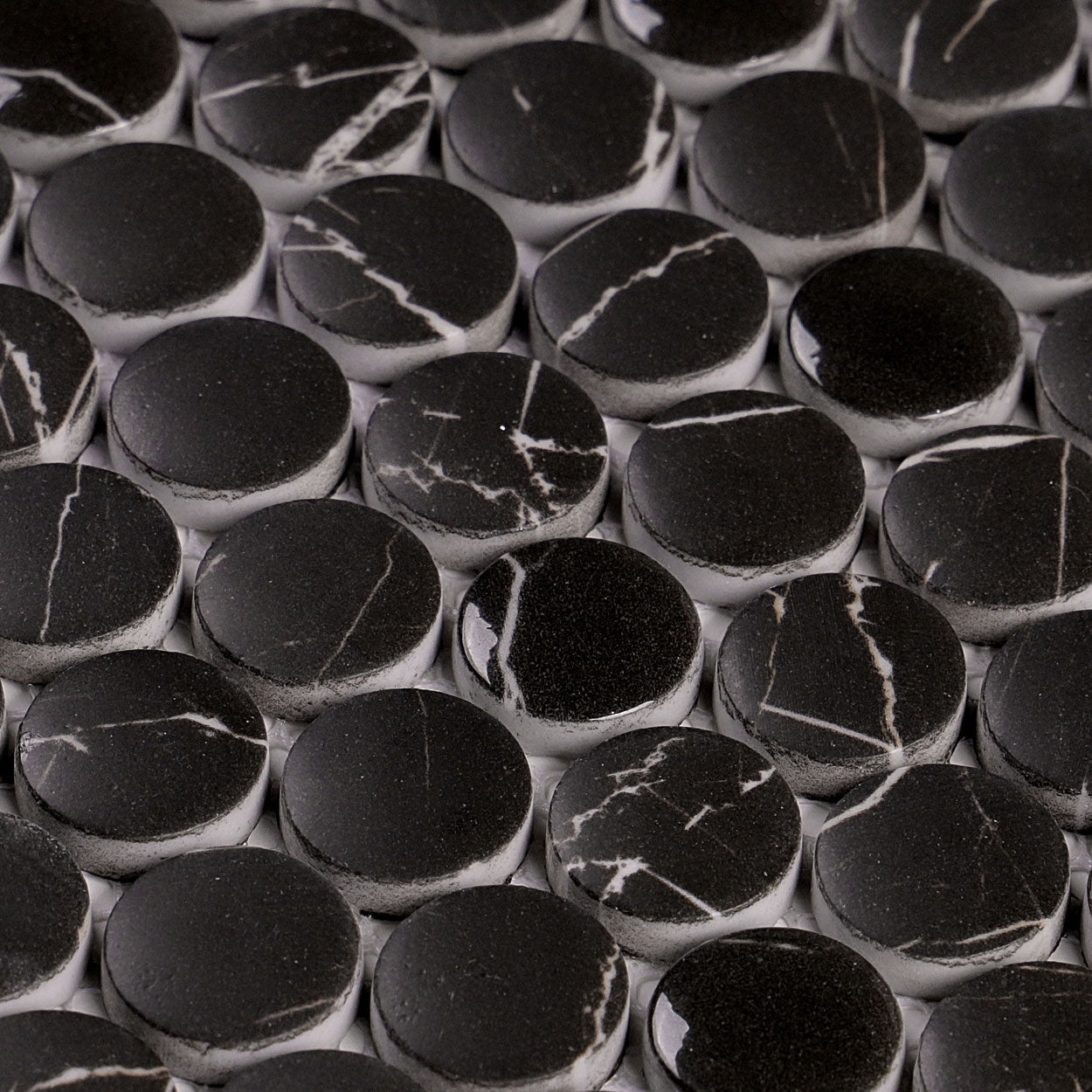 Monument Fossil Black Penny Round Inkjet Glass Mosaic