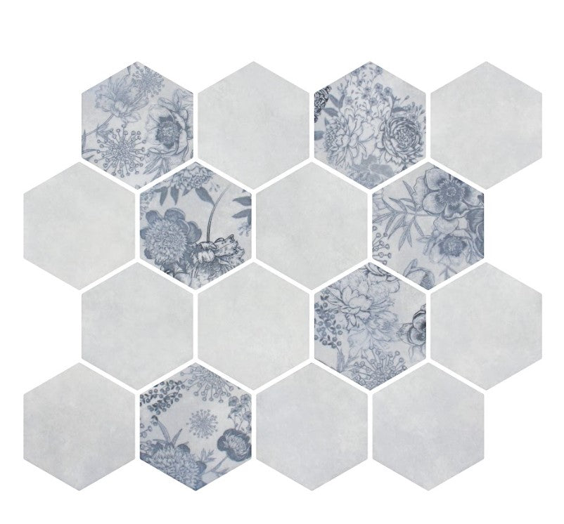 Florals Indigo 3" Hexagon Inkjet Glass Mosaic