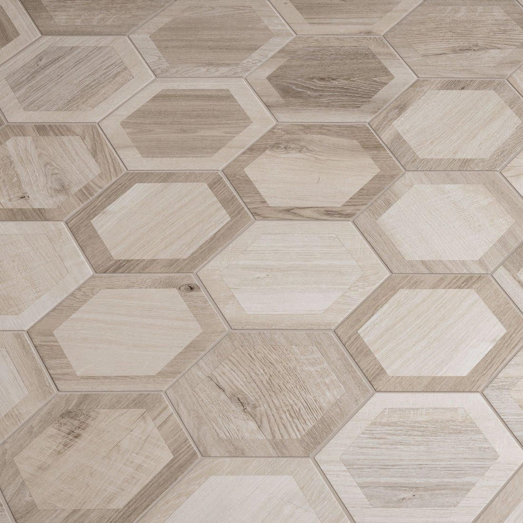 King Wood White Inlay 10" Porcelain Hexagon