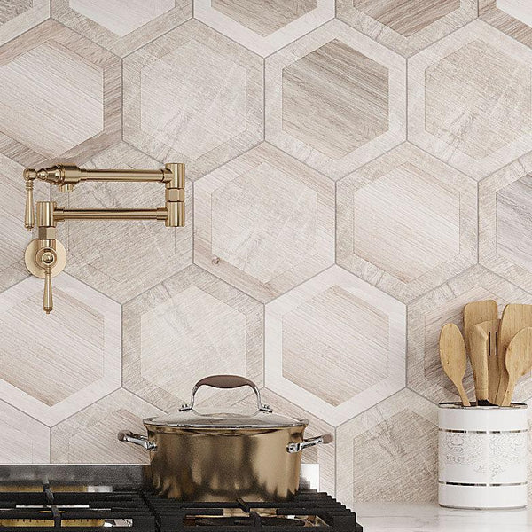 King Wood White Inlay 10" Porcelain Hexagon