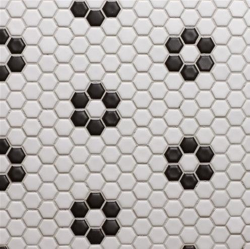Glazed Porcelain 1" Hexagon White with Black Flower Pattern